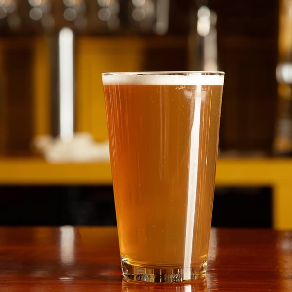 A pint glass of golden beer with a foamy head sits on a polished wooden bar.