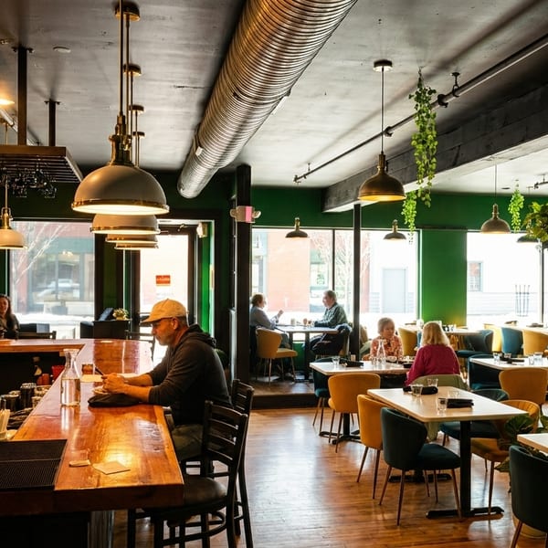 Restaurant interior with green walls, a long wooden bar, and patrons seated at tables and the bar.